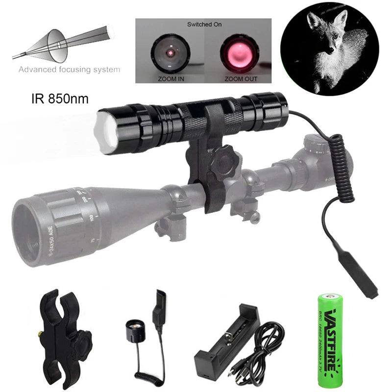 Infrared Night Vision Flashlight Zoomable LED IR-940nm Torch used with Night Vision Device 18650 Battery+Charge+Remote Switch