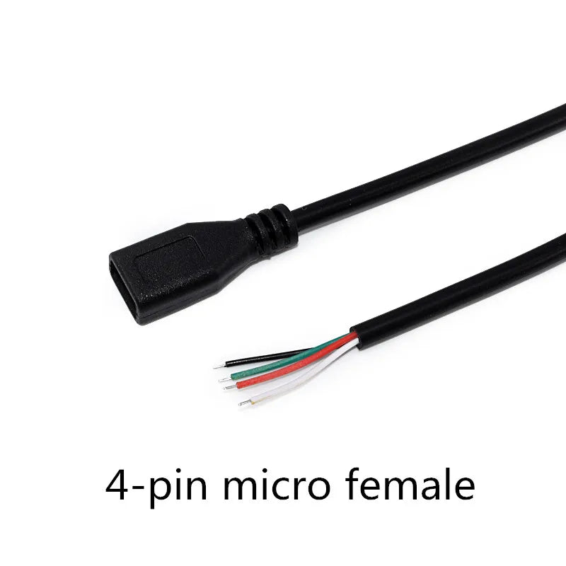 1pcs Micro USB 2.0 Female Jack Android Interface 4 Core 2 Core Male Female Power Data Charge Cable Cord Connector 30CM Cable