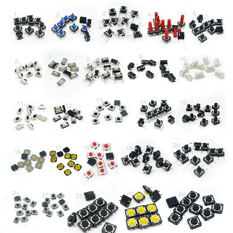 25Types/lot Assorted Micro Push Button Tact Switch Reset Mini Leaf Switch SMD DIP 2*4 3*6 4*4 6*6