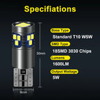 2Pcs W5W LED T10 Led Bulb 168 194 Canbus Nor Error 18SMD 3030 Car Signal Lights Clearance License Plate Lamp 6000K White 12V