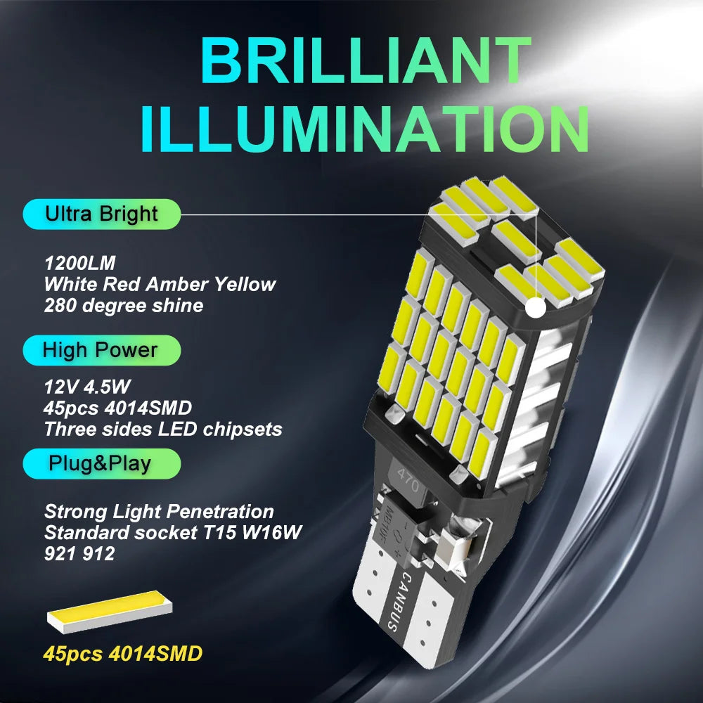 2x T15 LED W16W Bulbs Canbus OBC Error Free LED Backup Light 921 912 W16W LED Bulbs Car Reverse Lamp Xenon White 12V No Error