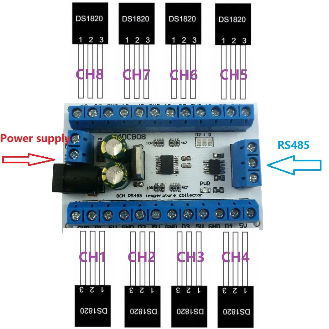 8 Channels DS18B20 RS485 Modbus Rtu Temperature Sensor Remote Acquisition Monitor Digital Thermometer Module Paperless Recorder