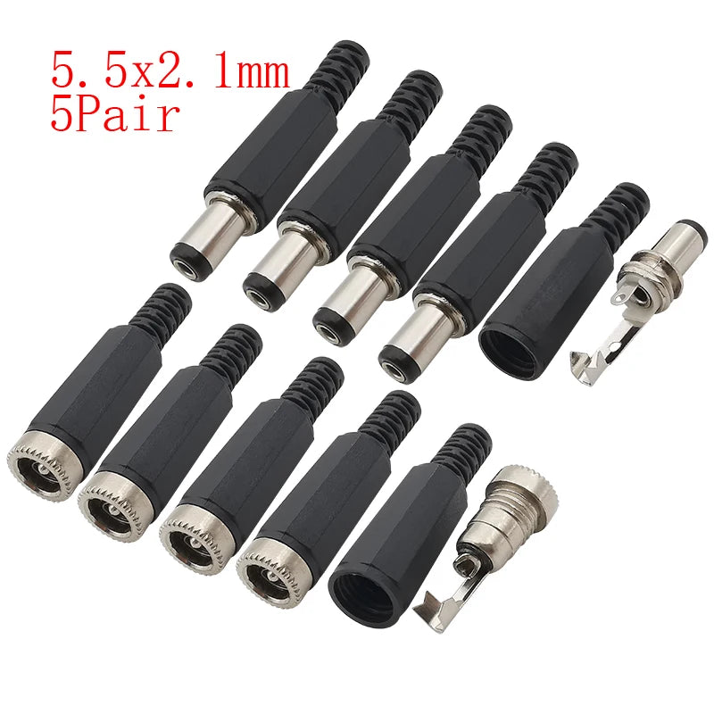 10Pcs DC Power Jack Connectors 5.5 x 2.1mm DC Plug Male Female Socket Soldering Type Nut Panel Mount DC Power Adapter Connector