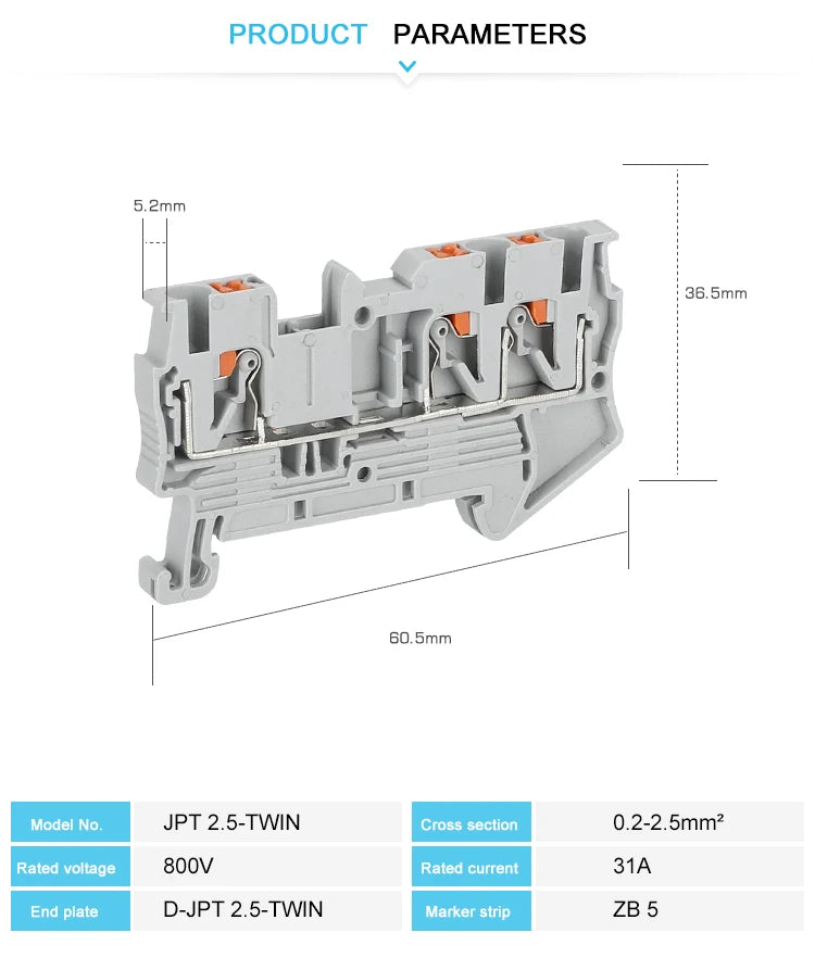 10Pcs PT2.5-TW PT 2.5-TW Push-In Twin 3-Conductor Feed-Through Strip Wire Electrical Connector Din Rail Terminal Block PT 2.5 TW