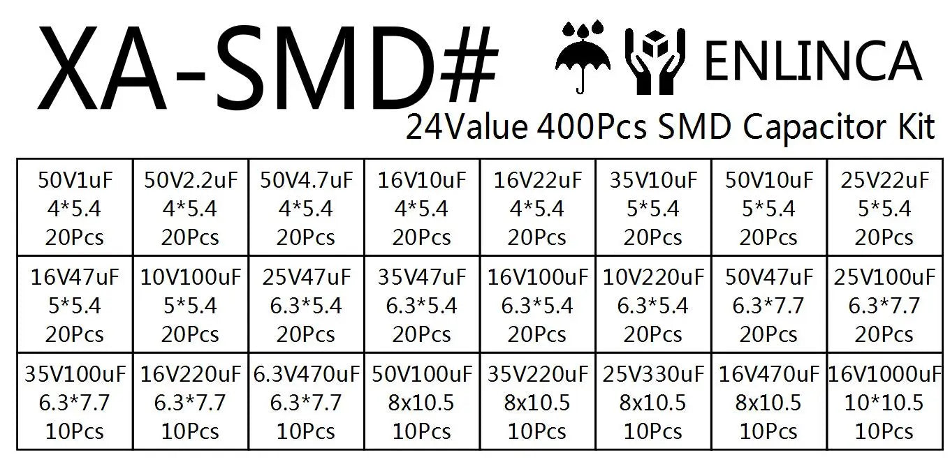 400pcs/lot 1uF-1000uF 24 Values Assorted Kit Electrolytic Capacitor SMD Aluminum Electrolytic Capacitor