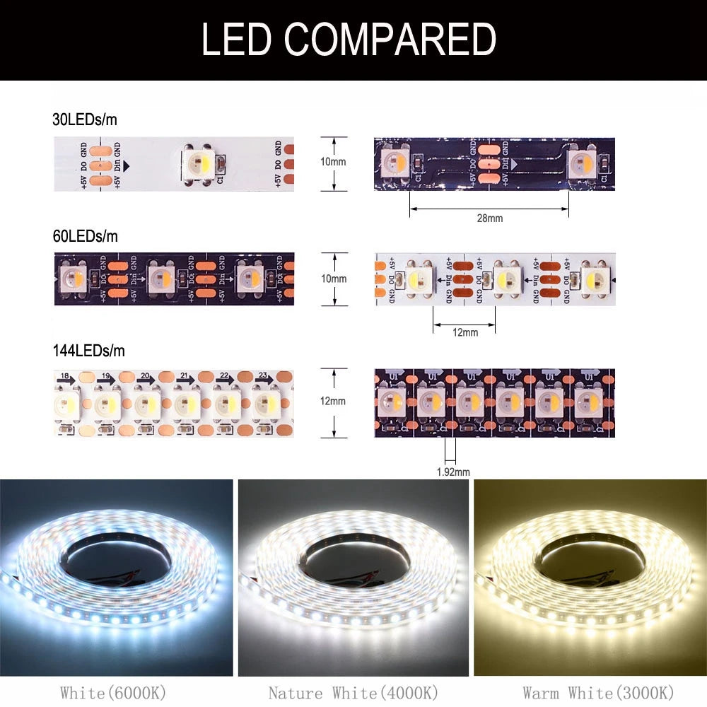 SK6812 RGBW Led Strip Light 4 IN 1 Similar WS2812B 30 60 144 LEDs/m Individual Addressable RGBWW Led Lights IP30 65 67 DC5V