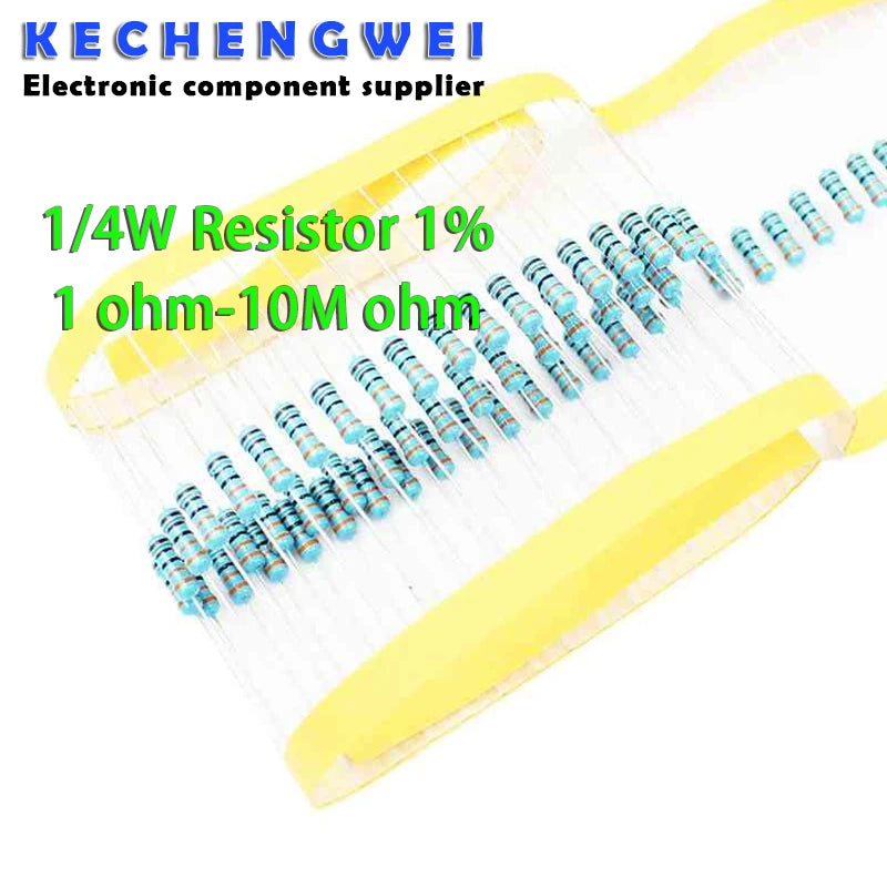 100pcs 1/4W 1R~22M 1% Metal film resistor 100R 220R 1K 1.5K 2.2K 4.7K 10K 22K 47K 100K 100 220 1K5 2K2 4K7 ohm resistance
