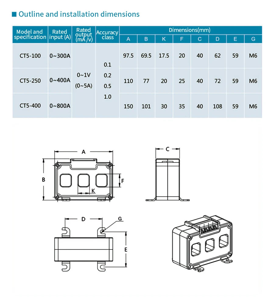 Three Phase 0.5 Class Current Transformer CT5 AC Current Transformer 50A 100A 200A Current Sensor