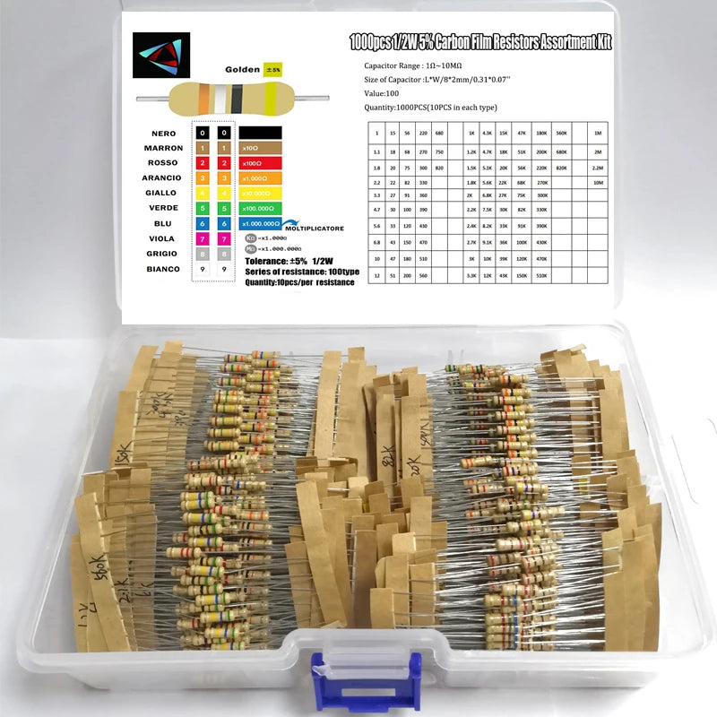 1000Pcs 1/2W 5% 100Values  1-10M Ohm Carbon Film Resistors Assortment Kit Electronic Components