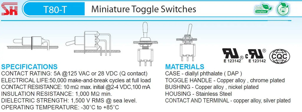 SH T80-T Series Flat Handle 6.35mm Panel Mount Mini Toggle Switch For RC Model Remote Controlller