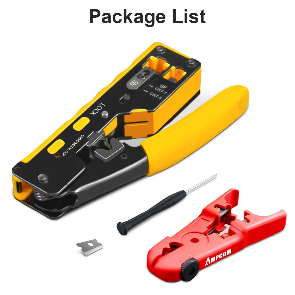 AMPCOM RJ45 RJ11 Pass Through Crimping Tool for Cat7/6A Cat6/5 Ethernet Modular Plugs Connectors With Stripper and Spare Blade