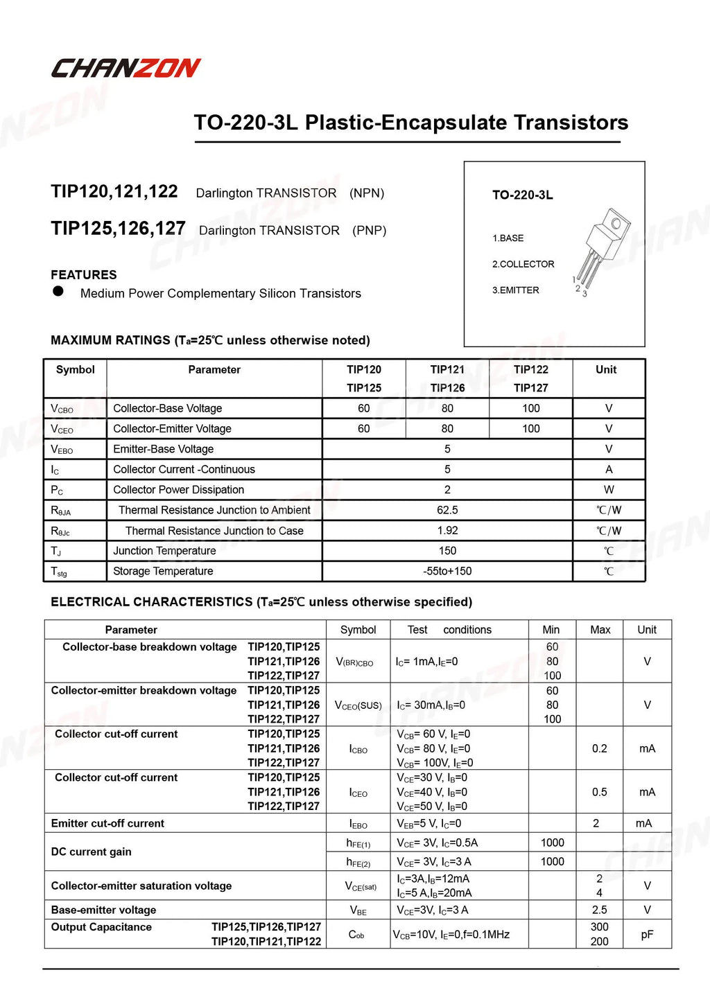 10pcs TIP122 TO-220 NPN Darlington Power Transistor Bipolar Junction BJT Powerful Triode Tube Fets 5A 100V Integrated Circuits
