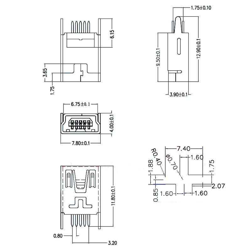 mini usb connector 5 pin Type B female DIP 2 straight-pin PCB soldering socket jack in-line connector