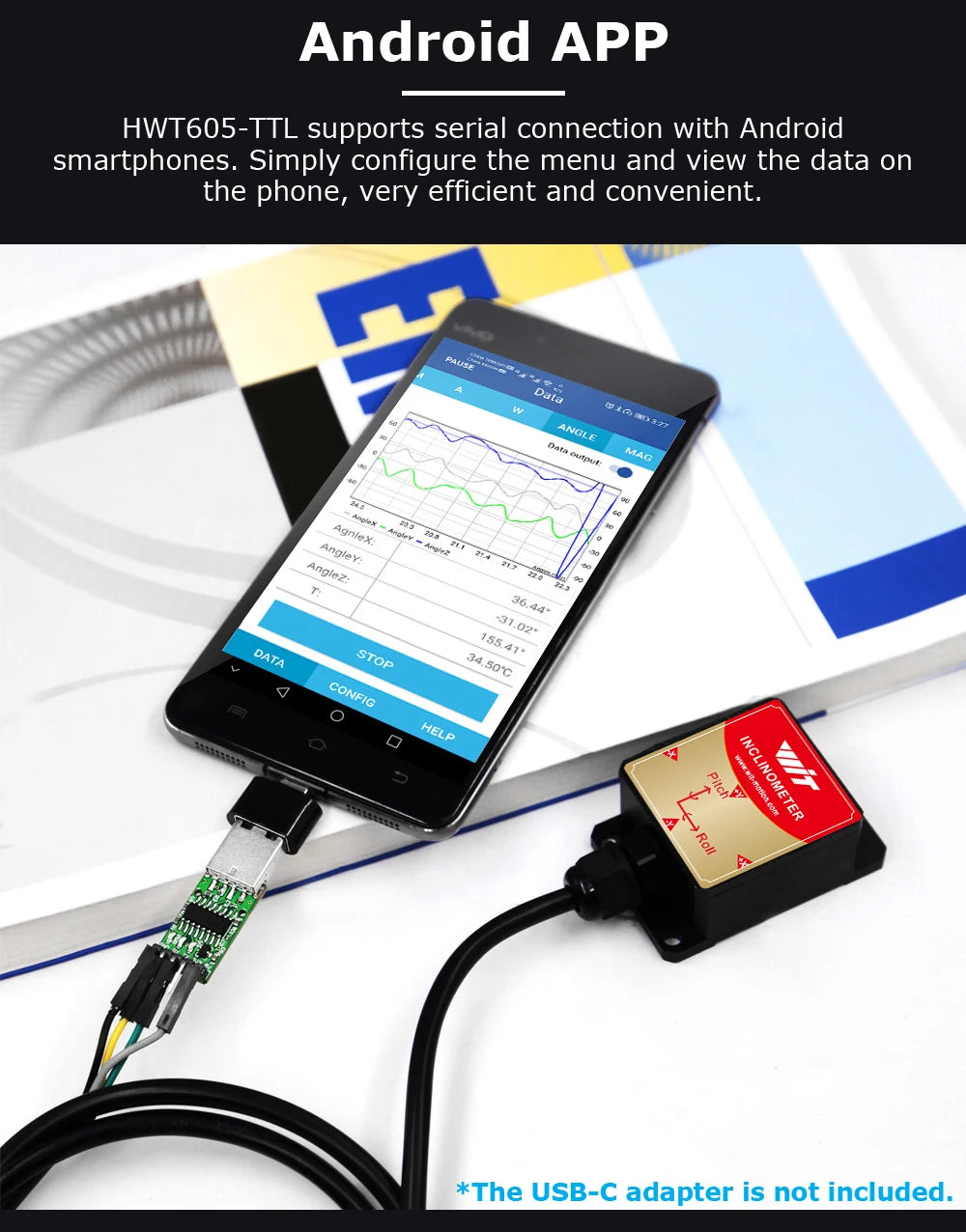 High-Precision Inclinometer HWT605 Accelerometer+Angle+Gyro, MPU9250 IMU, Temperature Compensation, Tilt Angle