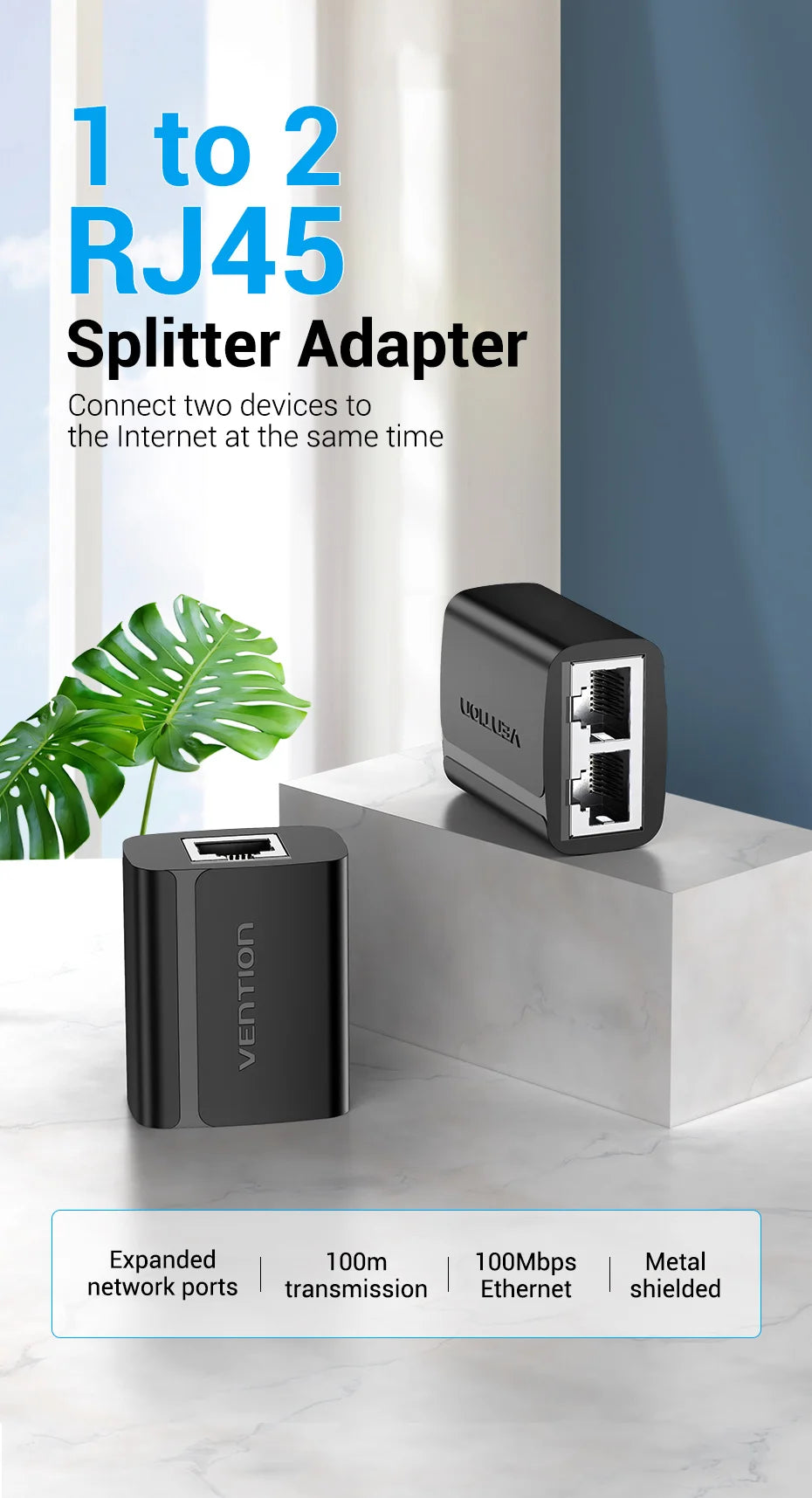 Vention RJ45 Splitter Connector Adapter 1 to 2 Ways Ethernet Splitter Coupler Contact Modular Plug Connect Laptop Ethernet Cable