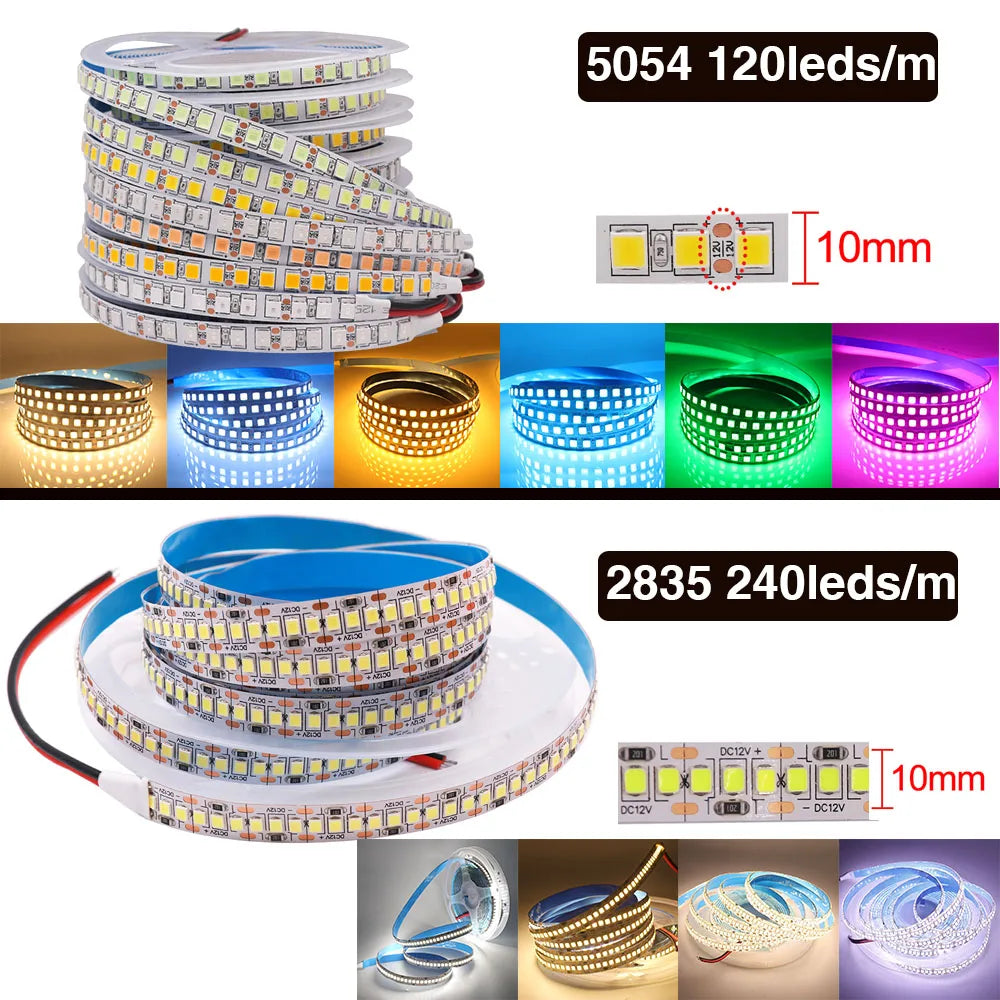 DC12V LED Strip 5050 5054 2835 120 240LEDs/M High Bright White Red Blue Pink Yellow RGB Flexible Ribbon Tape Light Lamp 5m
