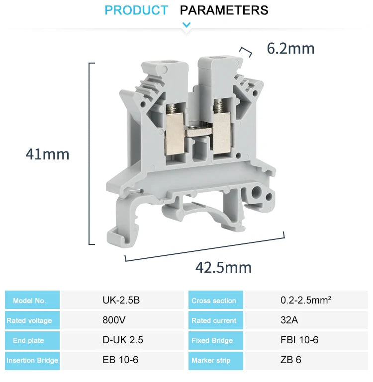 10Pcs UK 2.5 Terminal Block UK2.5B Screw Connection Connect Strip 2.5B 2.5mm² Cable Electrical Din Rail Wire Connector