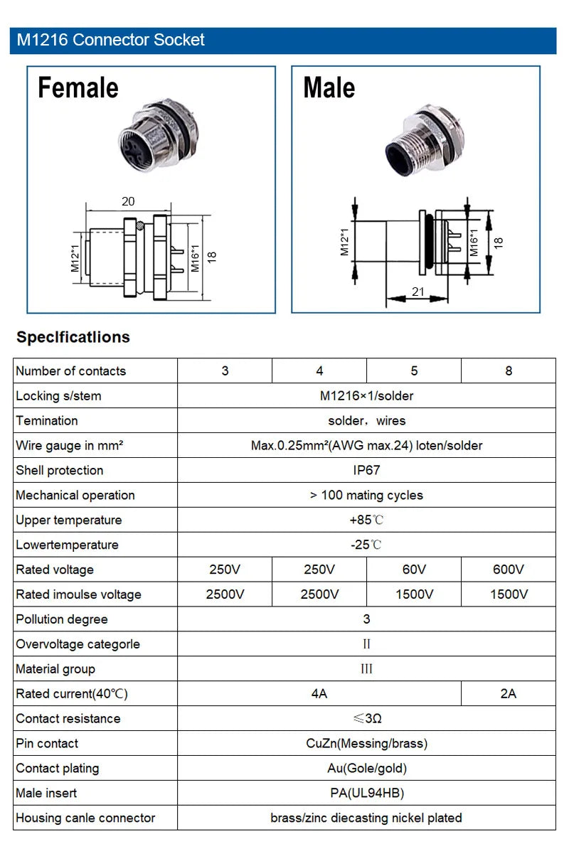M12 Panel Back Mount Flange Socket Sensor Connector Waterproof Screw Threaded Coupling Male Female 3 4 5 8Pin M1216