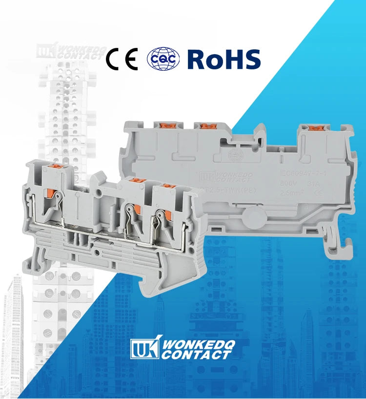 10Pcs PT2.5-TW PT 2.5-TW Push-In Twin 3-Conductor Feed-Through Strip Wire Electrical Connector Din Rail Terminal Block PT 2.5 TW