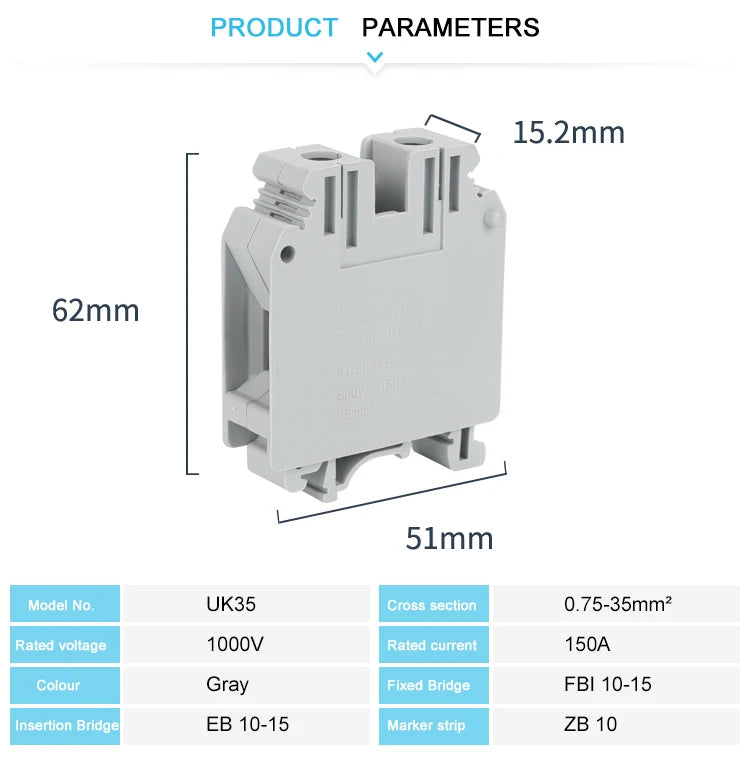 5Pcs UK35 Din Rail Terminal Block Screw 35mm² Wire Electrical Connector, Universal Feed-Through Strip Plug Connection UK 35