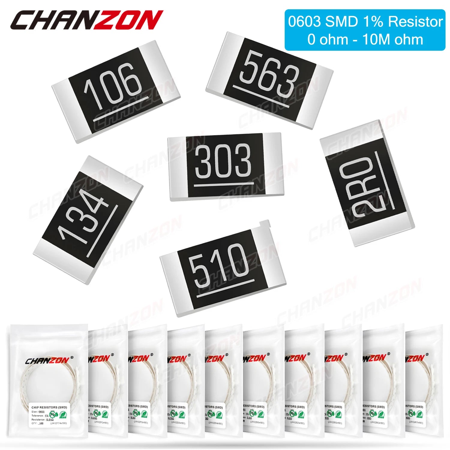 SMD 0603 Resistors 100 Pcs 0ohm - 10M Ohm 1/10 Watt 1% High Precision Film Chip Fixed Resistance 1K 2.2K 10K 300K 220K 4R7 2K2