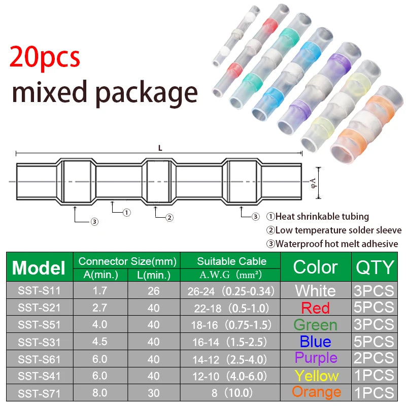 Heat Shrinkable Wire Connectors  SST21 Waterproof Sleeve AWG22-18 Butt Electrical Splice Tinned Solder Seal Terminal
