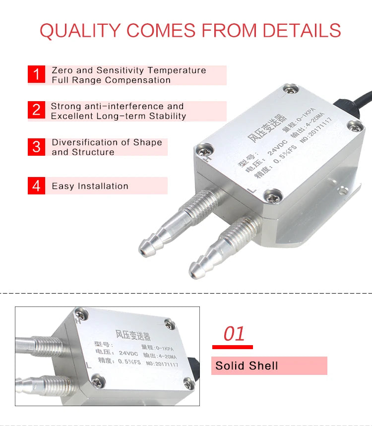 QDF70B -10kPa-10kPa 4-20mA 0-10V Wind Differential Pressure Transmitter Air Pressure Sensor