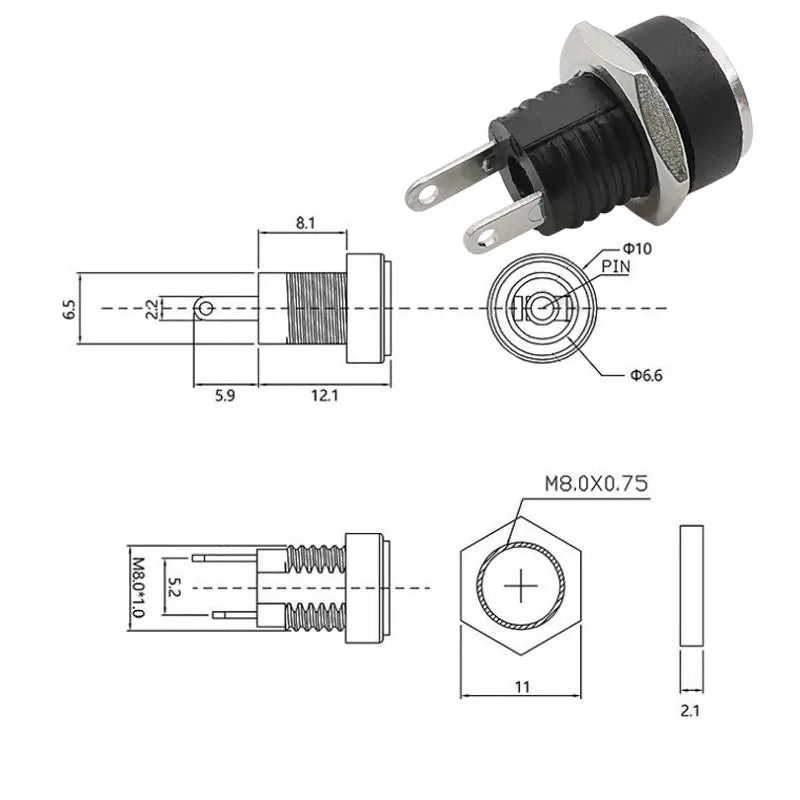 10Pcs DC Power Jack Connectors 5.5 x 2.1mm DC Plug Male Female Socket Soldering Type Nut Panel Mount DC Power Adapter Connector