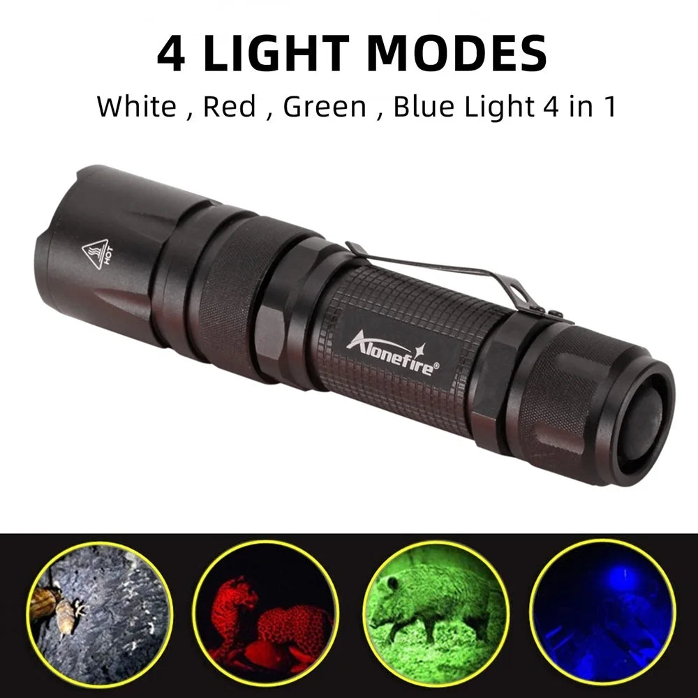4 in 1 Multicolor Zoom Led White/Red/Green/Blue Lighting Flashlight Outdoor Hunting Photographic Selfie Hiking Camping Totch