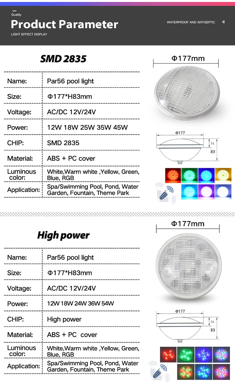 18W 25W 35W LED Underwater Light Par56 Swimming Pool Light LED IP68 12V SMD5730 Underwater Lamp RGB Warm Cold White LED Piscina