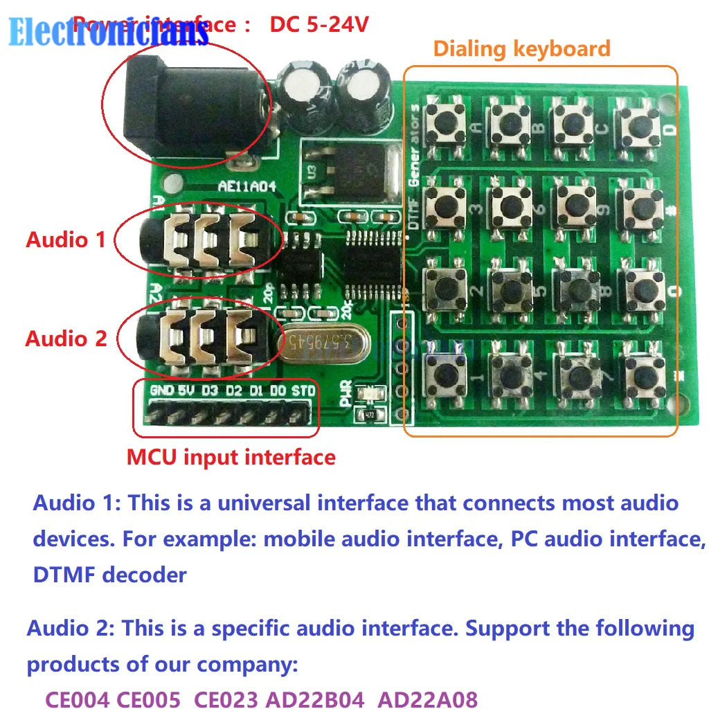 DC 5-24V DTMF Audio Generator Module Voice Encoder Dual Tone Transmitter Multi-Button Keypad Audio Control Board for Arduino