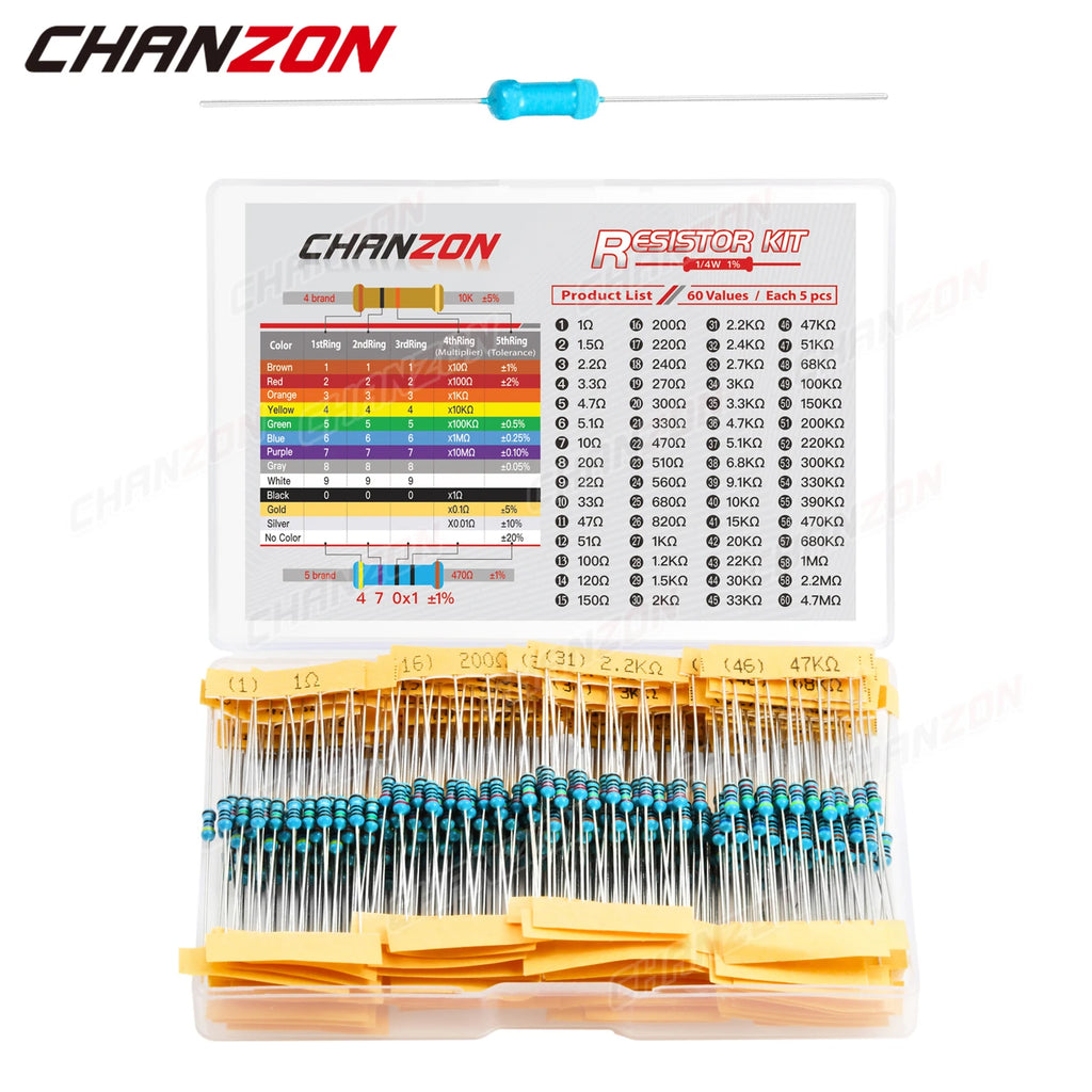60 Values 1/4W Metal Film Resistors Kit 300Pcs/Pack 1 10 220 330 470 1K 4.7K 10K Ohm 1% High Precision Resistance Set Assortment