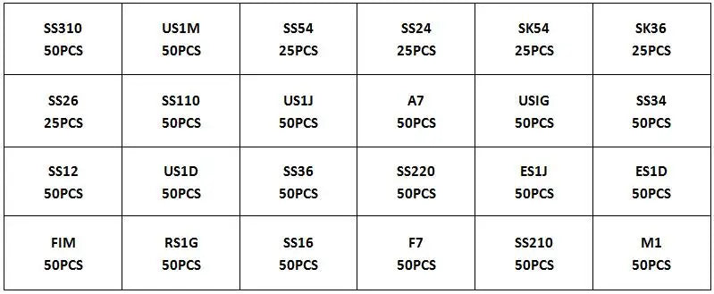 10/24/33Values Rectifier Diode Sample Book SMD M1 M4 M7 SS12 SS14 SS16 SS24 SS34 SS36 SS110 SS210 Schottky Barrier Diode KIT