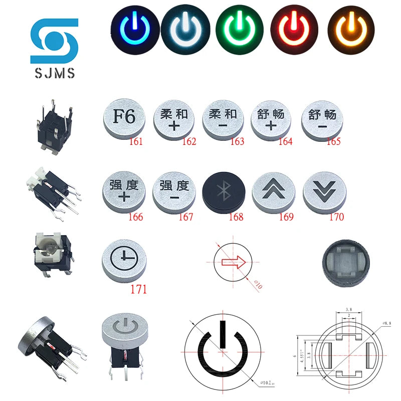 SJMS 5Pcs 6*6*9.5mm 6PIN DIP Through Hole Micro Push Button Tactile Momentary With LED Switch Tact Push Indication  Button mode