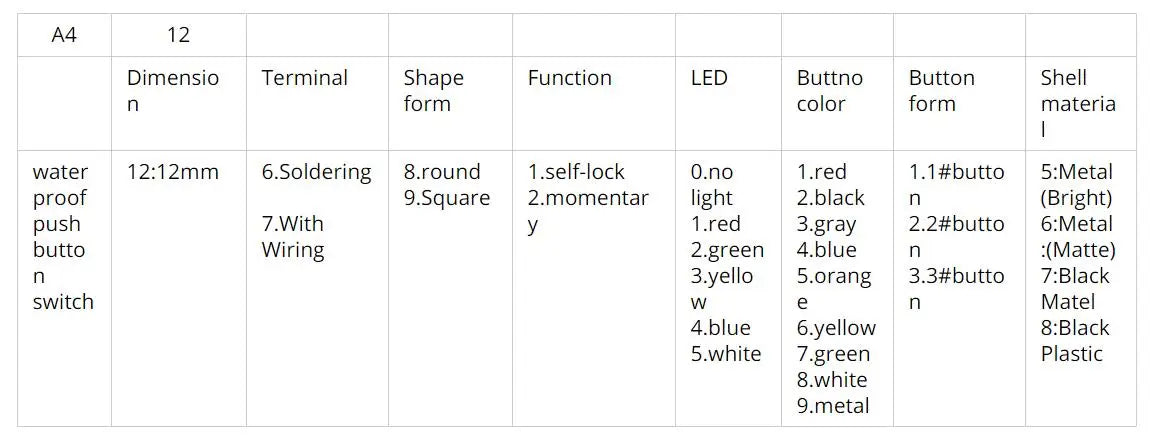 Latching Self-Locking IP67 Waterproof 12mm Electrical Metal Button Switch 12mm