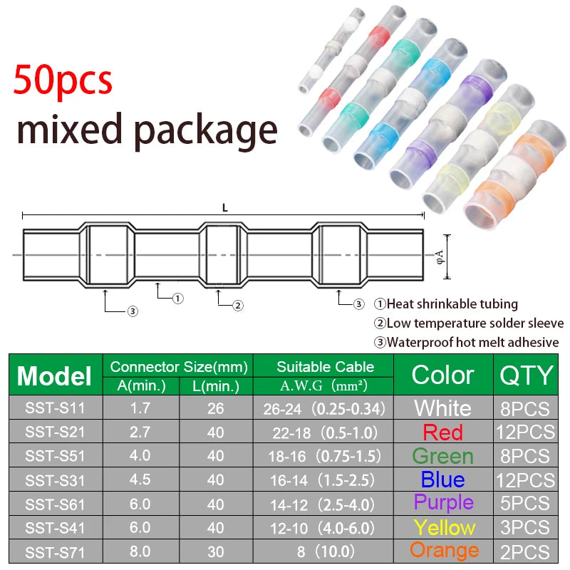 Heat Shrinkable Wire Connectors 50PCS SST21 Waterproof Sleeve AWG22-18 Butt Electrical Splice Tinned Solder Seal Terminal