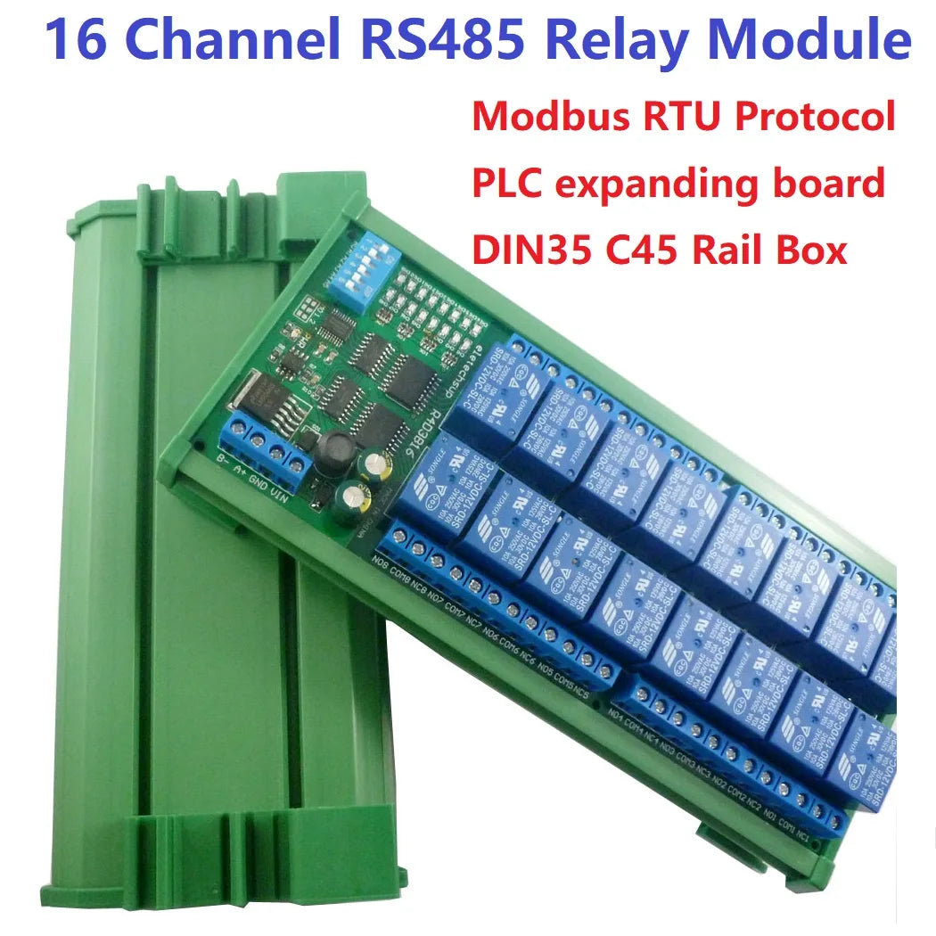 16-Channel 12V 10A DIN Rail Box PLC Expansion Board RS485 Modbus RTU Relay Module