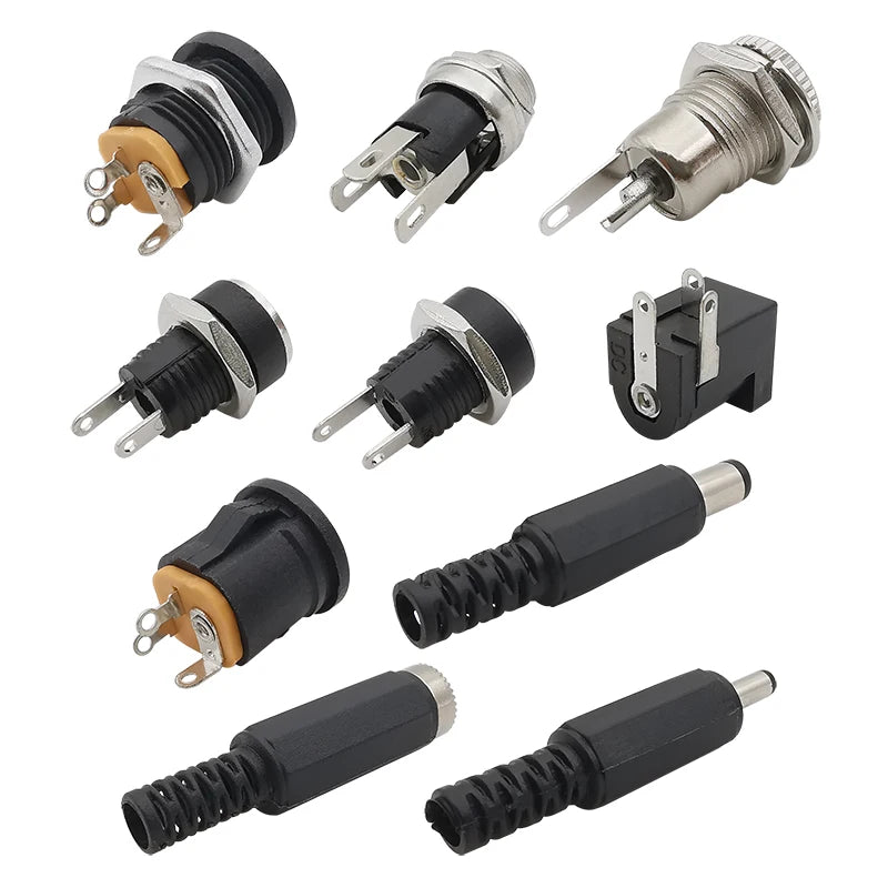 10Pcs DC Power Jack Connectors 5.5 x 2.1mm DC Plug Male Female Socket Soldering Type Nut Panel Mount DC Power Adapter Connector