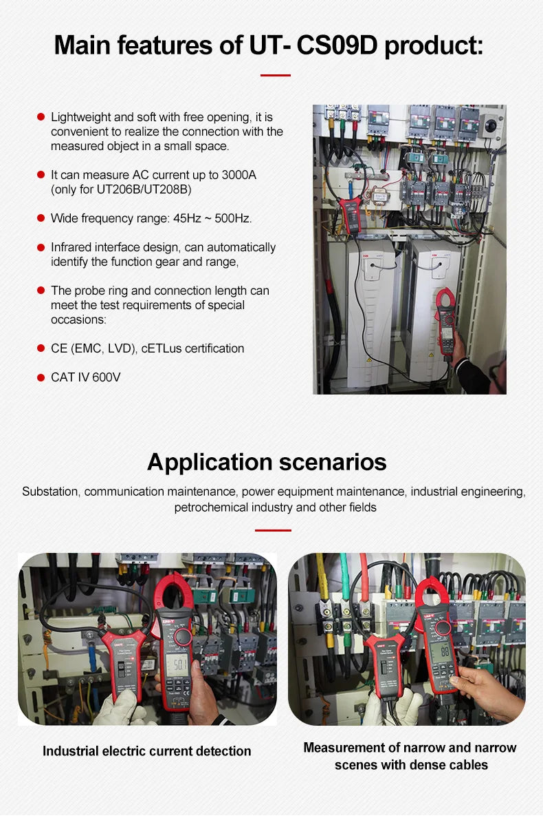 UNI-T UT-CS09D 3000A AC Flexible Current Sensor True RMS Rogowski Coil Clamp Probe BNC Connector Multimeter Electrician Tool