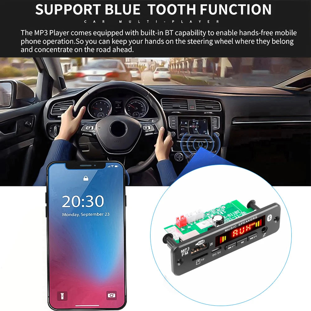Bluetooth 5.0 MP3 Decoder Board 2*20W 40W Amplifier Audio Player 12V DIY MP3 Player Car FM Radio Module TF USB Mic Record Call