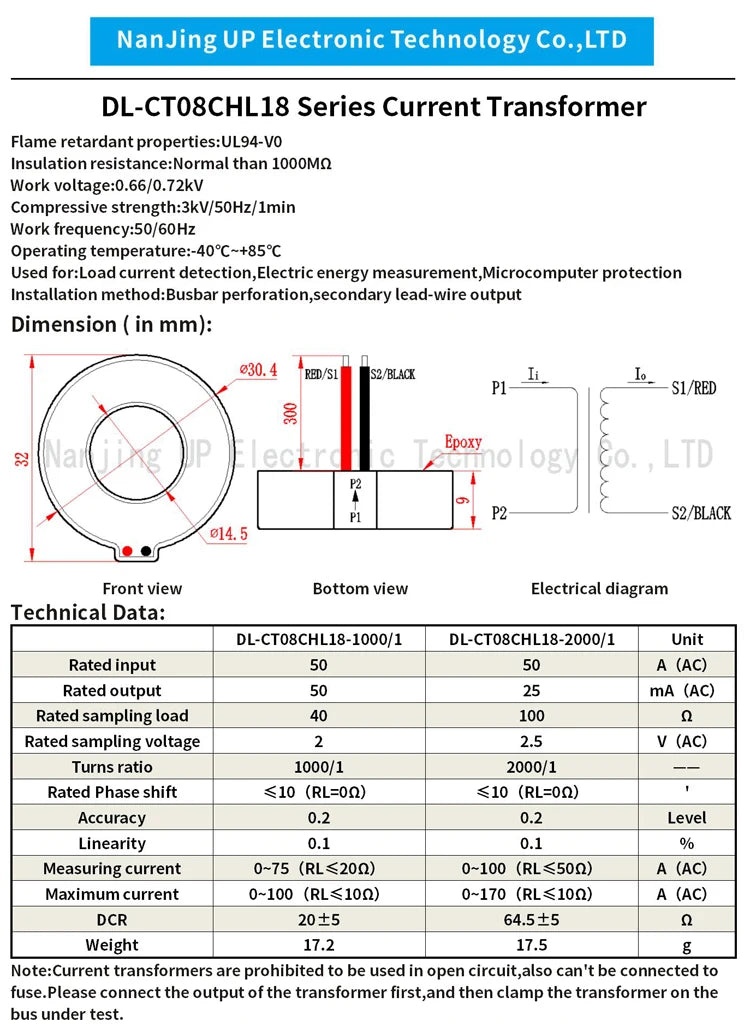 NJXSE DL-CT08CHL18 Micro Precision Current Transformer 1000/1 2000/1 10A 20A 30A 50A 100A AC High Quality Current Transformer CT