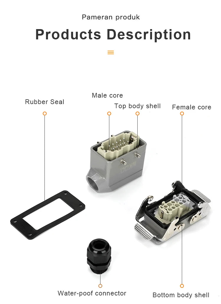 HDC HE Heavy Duty Connector 6/10/16/24/32/48 Core Pin Top/Side Outlet Aviation Plug Rectangular Waterproof Electrical Wiring