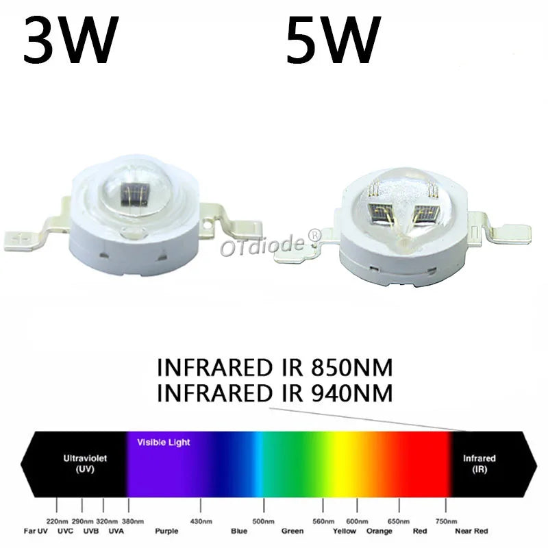 High Power LED Chip IR Infrared 3W 5W 680nm 740nm 800nm 850nm 880nm 940nm 980nm Emitter Diode Light Lamp for Night Vision Camera