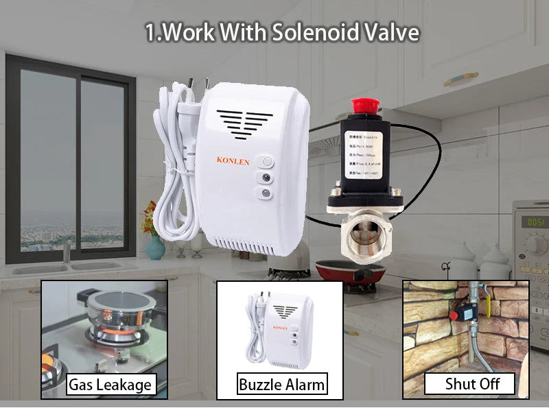 KONLEN LPG Natural Gas Leakage Detector Wireless 433Mhz Sensor With Solenoid Valve
