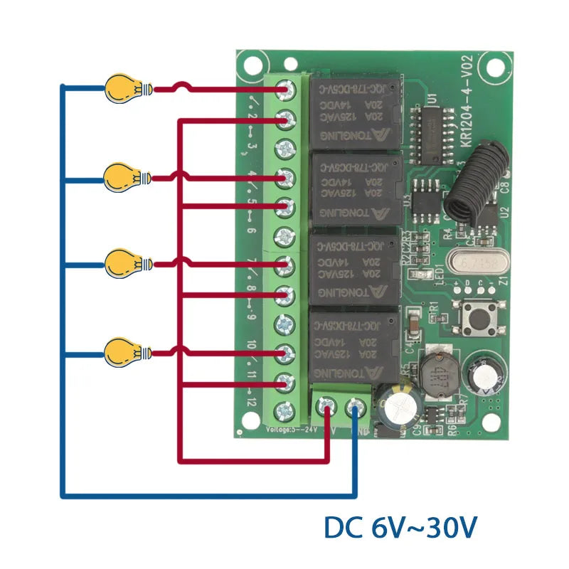 Wireless Remote Control DC 6V 12V 24V 30V 4CH RF Relay Receiver and 433MHZ Transmitter for Garage/Light/Motor/Home Appliance