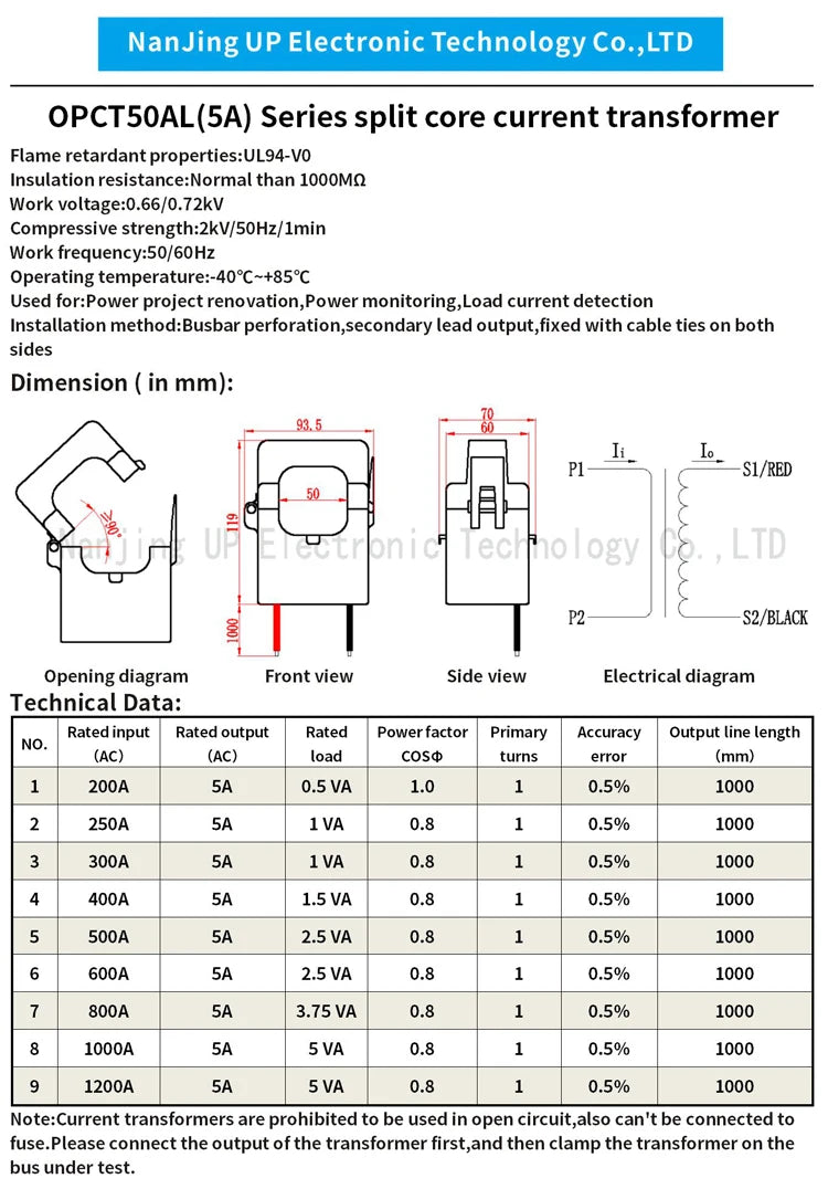 Split Core Current Transformer OPCT50AGL 250A 400A 600A 800A 1000A with 5A Output Clamp on Transfomrer