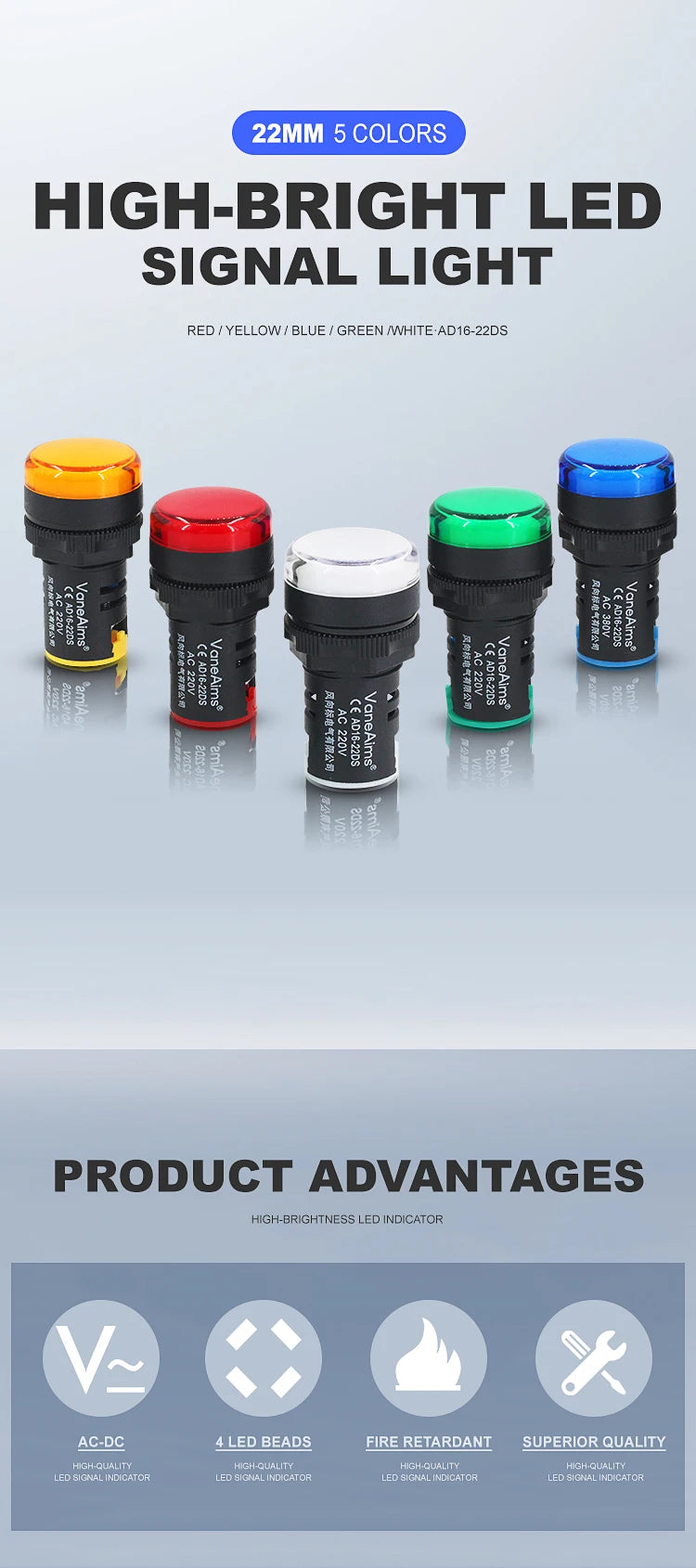 VaneAims Plastic Power Signal Lamp AD16-22DS Small LED Indicator Light Beads 12V 24V 220V Red White Green Blue And Yellow