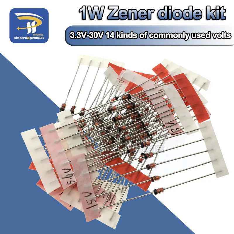 14Values*5pcs=70pcs 1W Zener Diode Package 1/2W DO-41 3.3V-30V Component Diy Kit 14 Kinds of Commonly Used Volts