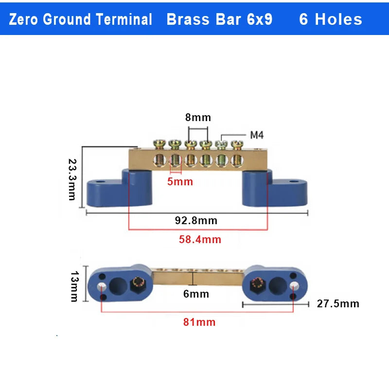 1Pcs Brass Wiring Terminal Row Zero Strip Flame Retardant Distribution Box Connection Terminal Adjustable Mounting Holes 4-16Pin