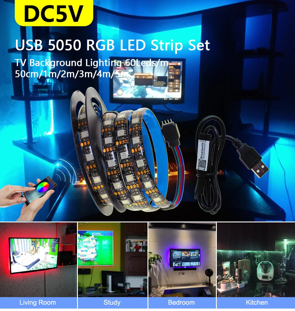 USB LED Strip Light 5 V Volt RGB Waterproof Black PCB 5050 50CM- 5M 5V Led Light USB Tape PC TV Backlight With Remote Controller